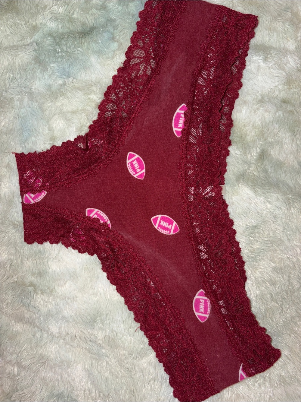 Victoria's Secret sexy Pink Burgundy Lace Bikini Panty with Pink Football Print